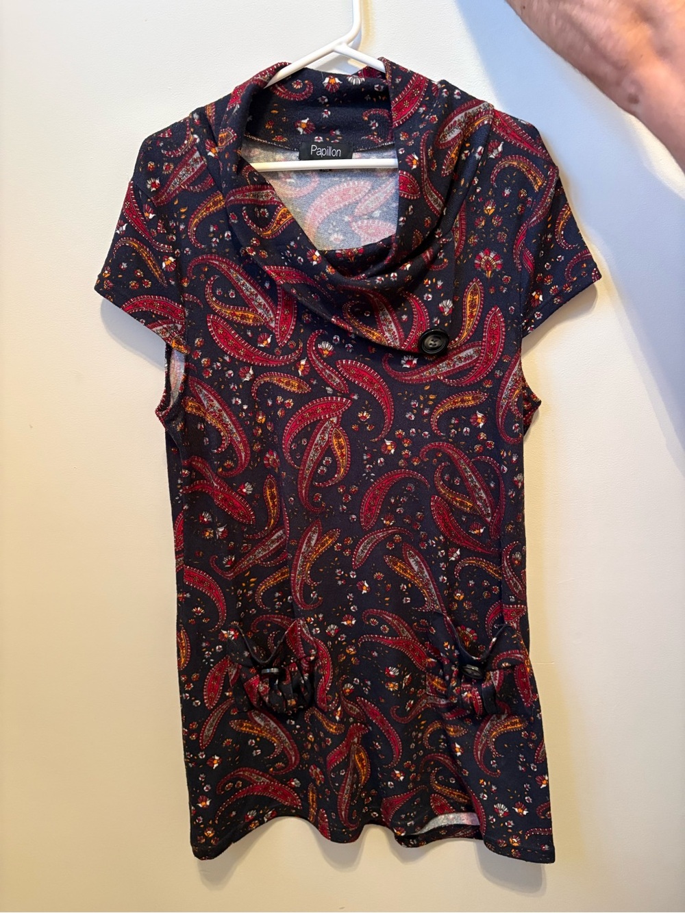 Papillon Blanc Navy Paisley Cowl-Neck Short Sleeve Tunic